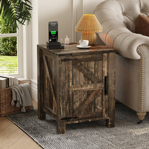 Farmhouse Nightstand with Charging Station & Sliding Barn Door