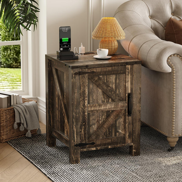 Farmhouse Nightstand with Charging Station & Sliding Barn Door