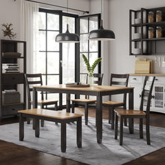 6-Piece Casual Dining Set with Table, Bench & 4 Ladderback Chairs