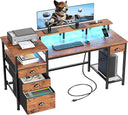 60-Inch Computer Desk with LED Lights, USB Charging, File Cabinet & Monitor Stand
