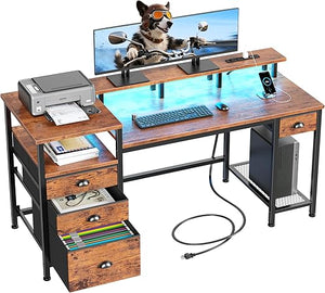 60-Inch Computer Desk with LED Lights, USB Charging, File Cabinet & Monitor Stand