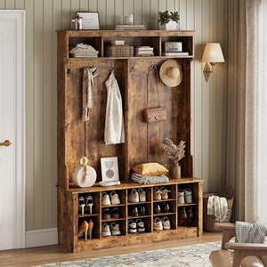 Farmhouse Hall Tree with Bench and Shoe Storage