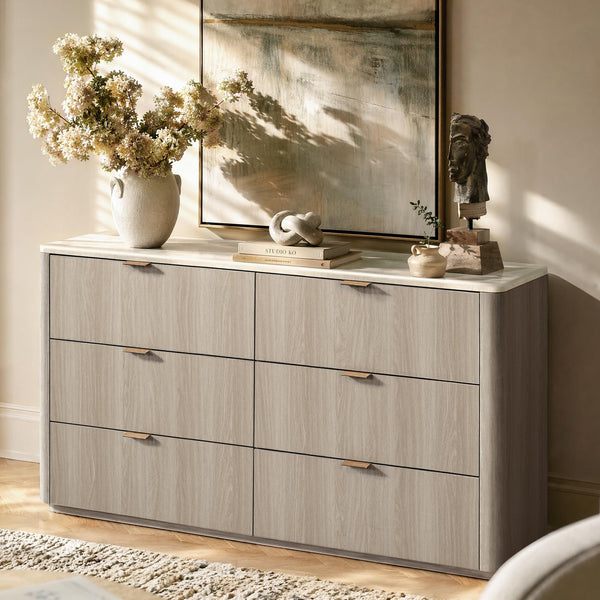 6-Drawer Bedroom Dresser with Faux Travertine Top