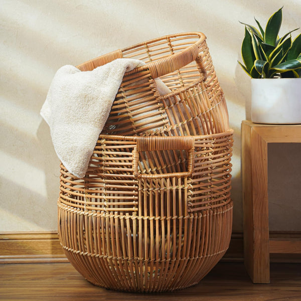 Round Rattan Storage Baskets Set of 2 with Handles