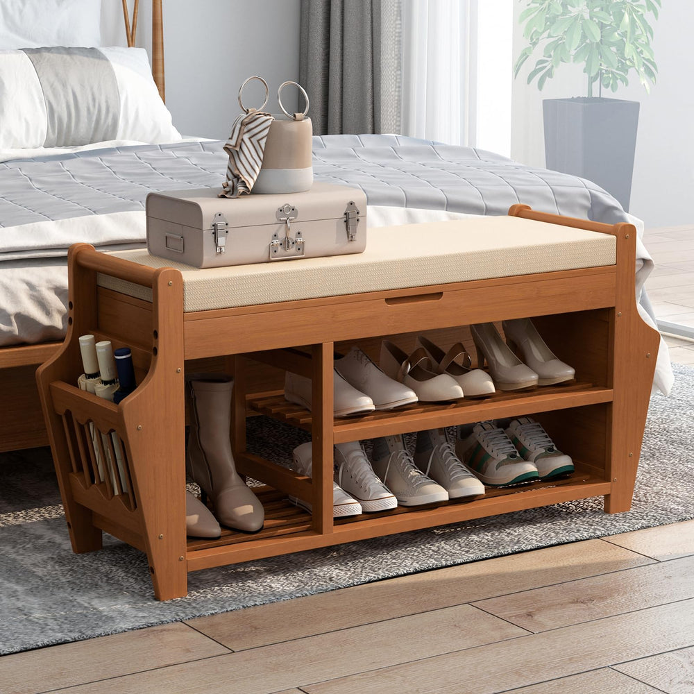 3-Tier Bamboo Shoe Bench with Cushion & Side Storage