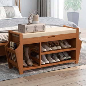 3-Tier Bamboo Shoe Bench with Cushion & Side Storage