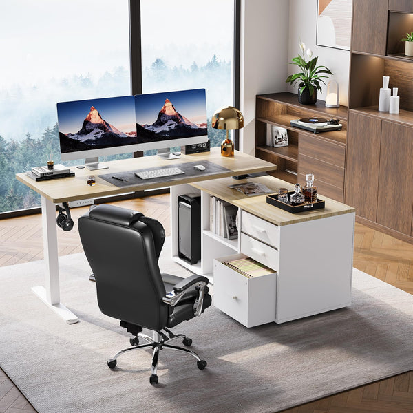 L-Shaped Electric Standing Desk with Drawers