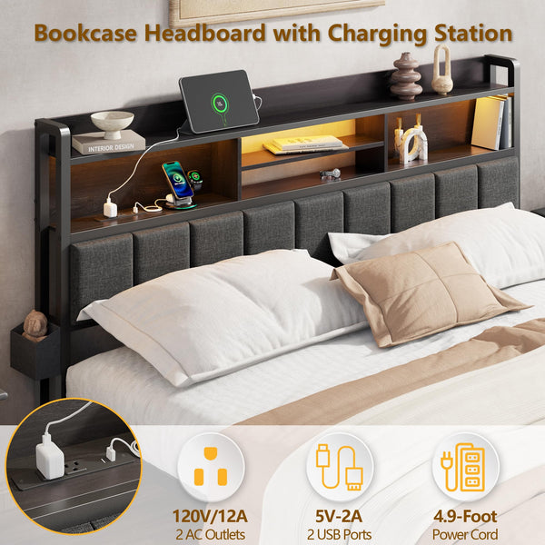 Full Size Bed Frame with Storage Drawers, Charging Station & LED Lights