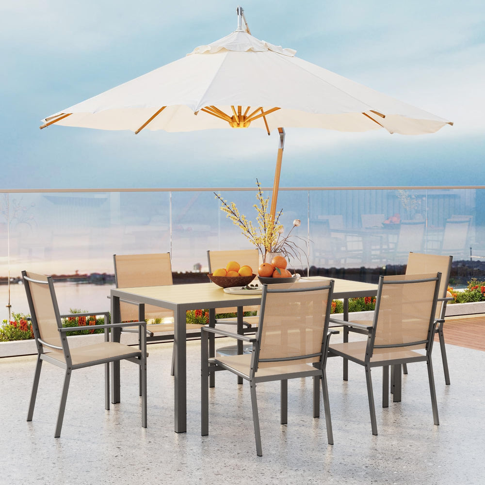 6-Person Outdoor Patio Dining Set with Umbrella Hole – Steel Table & Textilene Chairs