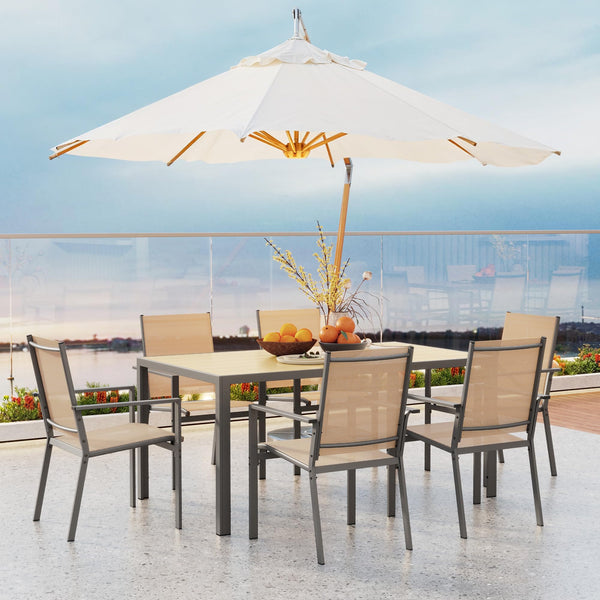 6-Person Outdoor Patio Dining Set with Umbrella Hole – Steel Table & Textilene Chairs
