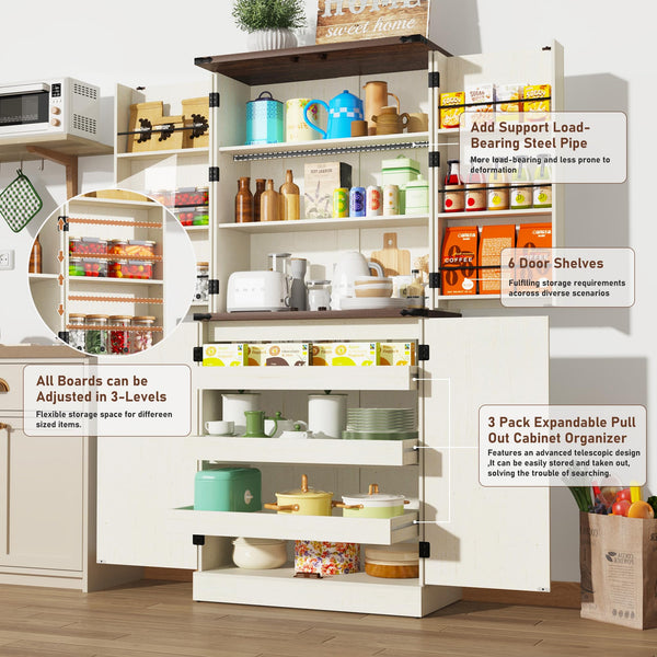 71" Farmhouse Kitchen Pantry Cabinet with Drawers & Door Shelves