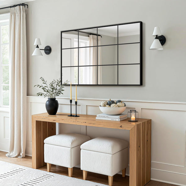 Windowpane Grid Wall Mirror – Black Metal Frame