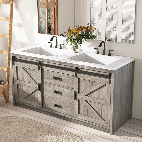 60" Farmhouse Bathroom Double Vanity with Integrated Sink & Sliding Barn Door