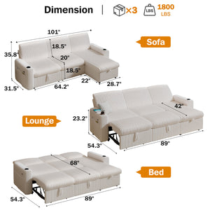 L-Shaped Sectional Sleeper Sofa Bed with Pull-Out Bed