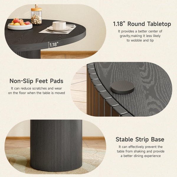 Lefurture 47 Inch Round Dining Table for 4-6, Fluted Kitchen Table with Wood Strip Base, Mid Century Modern Circle Dinner Tables for Dining Room, Kitchen, Black