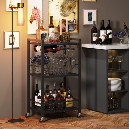 3-Tier Rolling Bar Cart with Wine Rack & Glass Holder