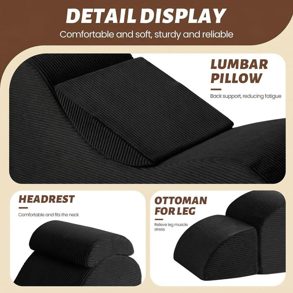 Ergonomic Yoga Chaise Lounge Chair with Headrest, Lumbar Pillow & Ottoman
