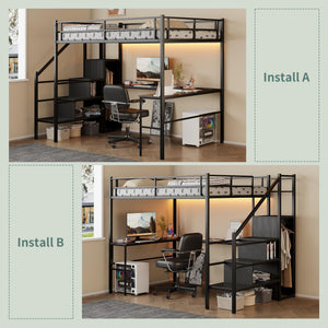 Full Size Metal Loft Bed with Desk, Storage & LED Light
