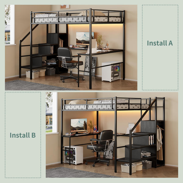Full Size Metal Loft Bed with Desk, Storage & LED Light