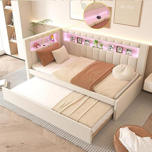 L-Shaped Upholstered Daybed with Trundle, USB Ports & LED Lighting