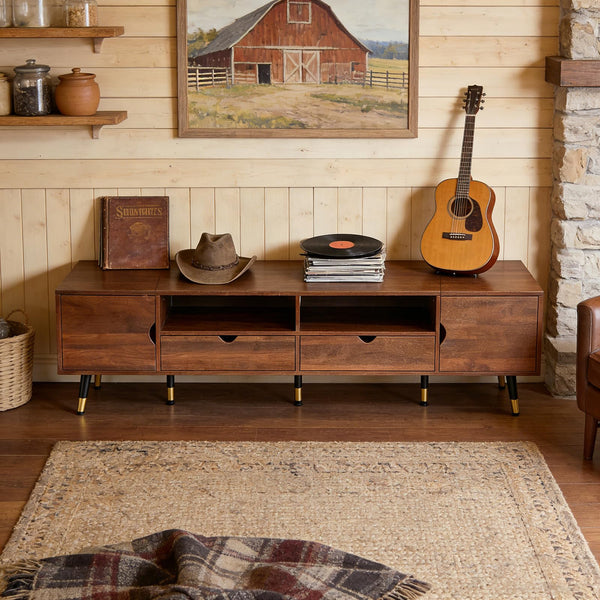 Mid-Century Modern TV Stand for 85 Inch TVs – Walnut Wood Media Console