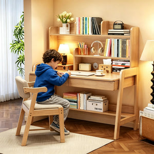 Kids Adjustable Study Desk with Bookshelf and Drawers