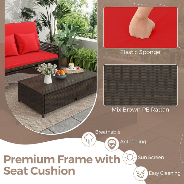 PE Rattan Double Chaise Lounge Set with Adjustable Back & Storage Ottoman