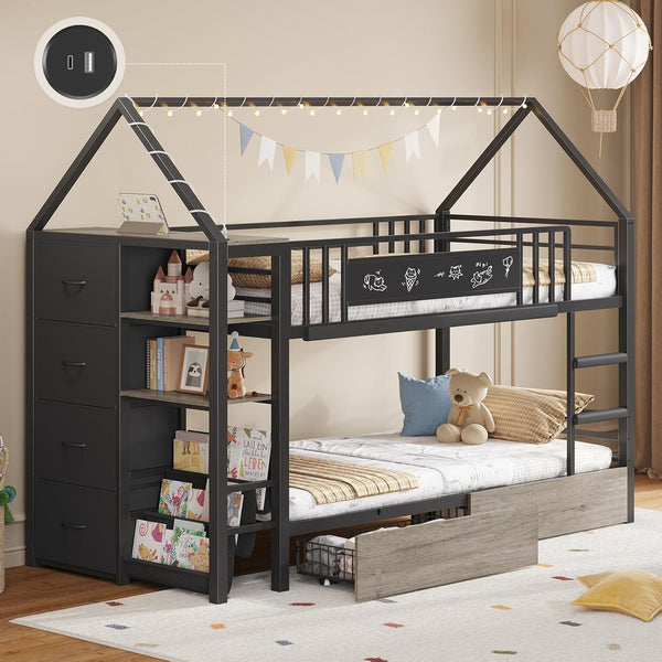 Twin Low Bunk Bed with Storage Drawers & House Design