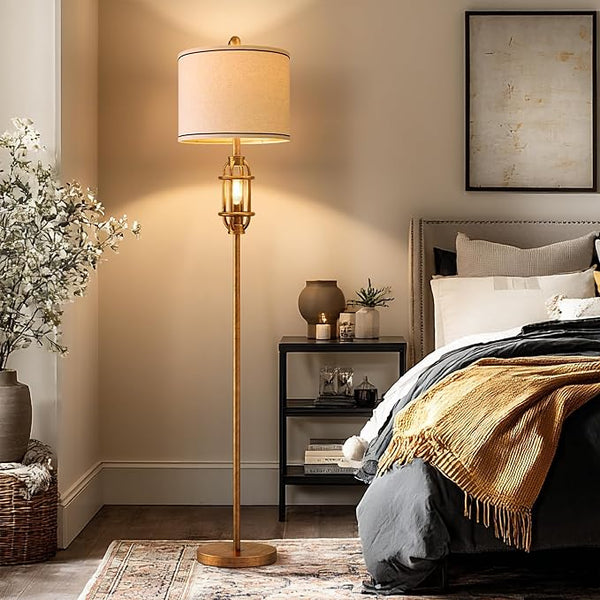 Industrial Floor Lamp with Dual Lights & Linen Shade