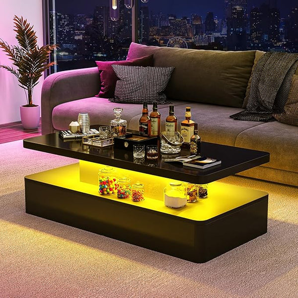 LED Coffee Table with Storage & Double-Layer Shelves
