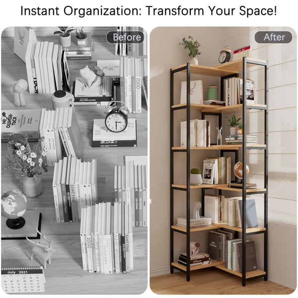 6-Tier Deformable Corner Bookshelf with Metal Frame
