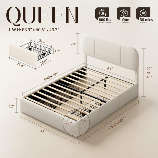 Upholstered Platform Bed Frame with Storage Drawers & LED Lights