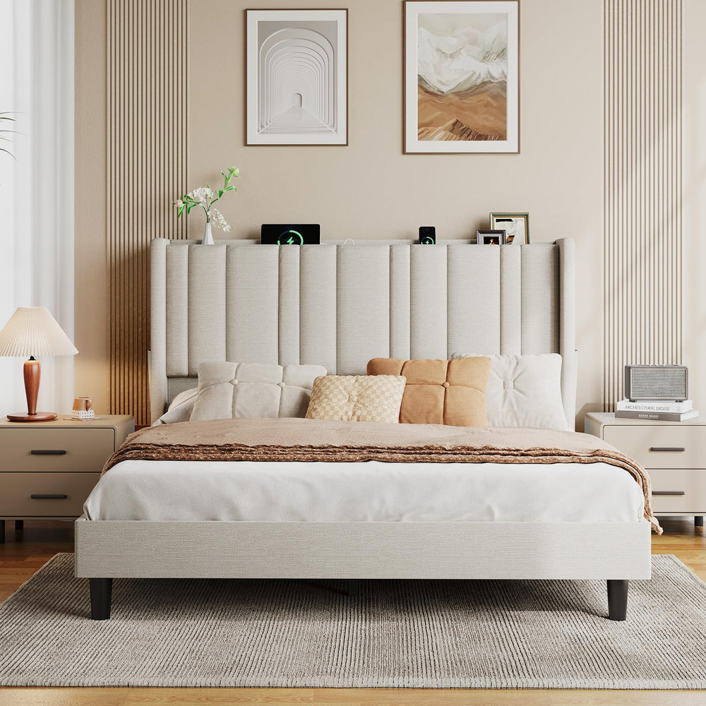 Queen Size Wingback Headboard with LED Light, Storage & Charging Station
