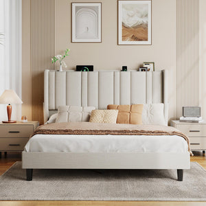 Queen Size Wingback Headboard with LED Light, Storage & Charging Station