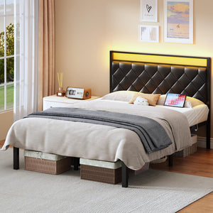 Queen Bed Frame with LED Lights, Charging Station & Upholstered Headboard