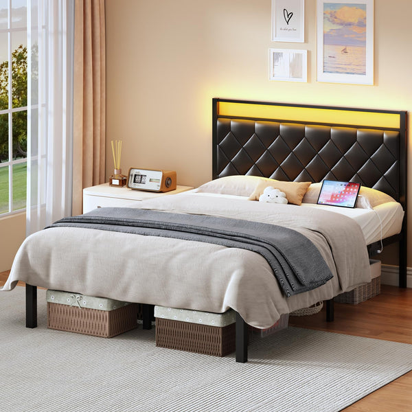 Queen Bed Frame with LED Lights, Charging Station & Upholstered Headboard
