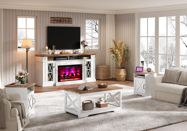 4-Piece Farmhouse Living Room Set with Electric Fireplace TV Stand
