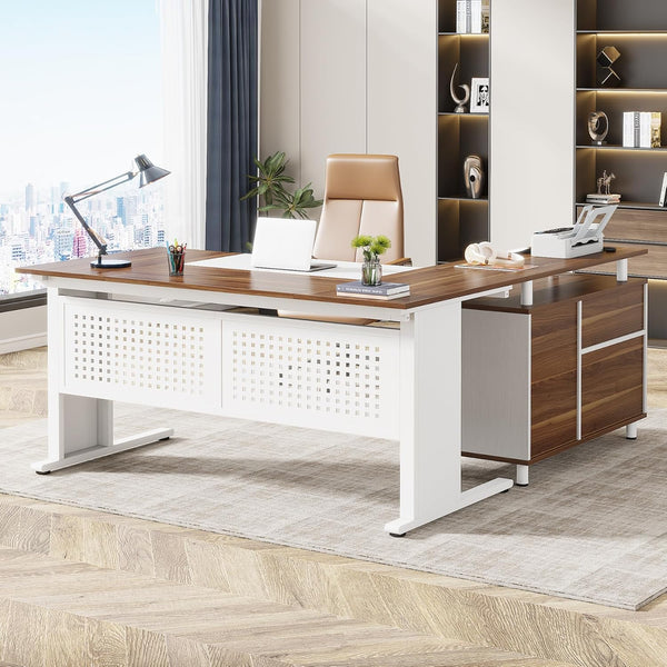 L-Shaped Executive Desk with File Cabinet and Storage Shelves