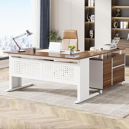 L-Shaped Executive Desk with File Cabinet & Storage Shelves
