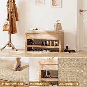 Farmhouse Shoe Bench with Storage Drawer & Linen Cushion