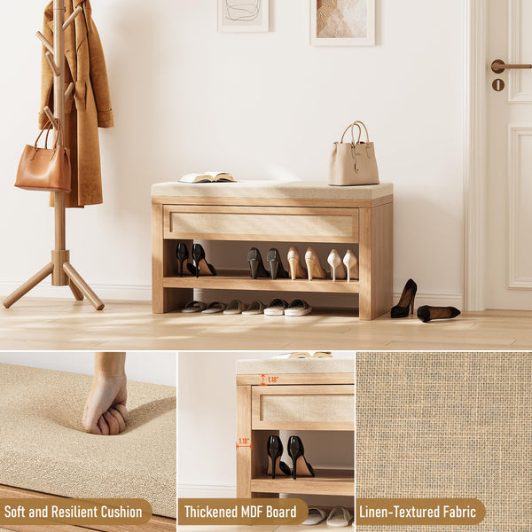 Farmhouse Shoe Bench with Storage Drawer & Linen Cushion