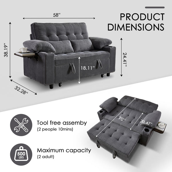 58" Convertible Sleeper Sofa Bed – Pull-Out Loveseat with Adjustable Backrest
