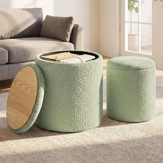 Round Storage Ottoman Set of 2 with Removable Lid