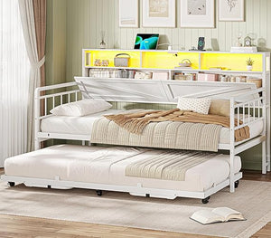 Twin Daybed with Pop-Up Trundle, Storage Drawers & LED Lights