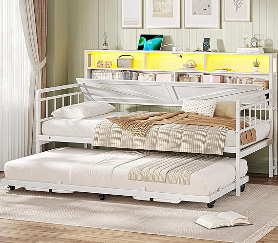 Twin Daybed with Pop-Up Trundle, Storage Drawers & LED Lights