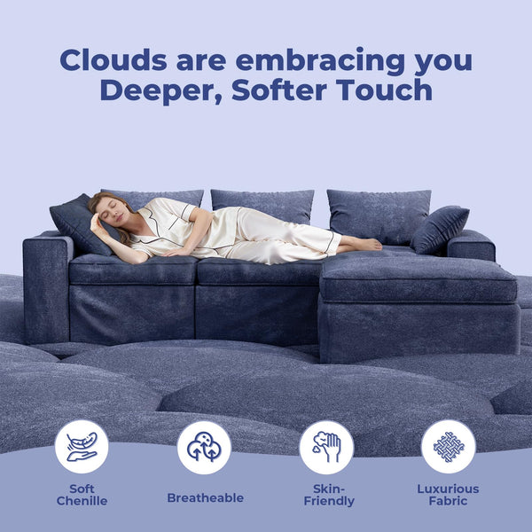 Modular Cloud Sectional Sofa with Ottoman – L-Shape, 3-Seater, Blue