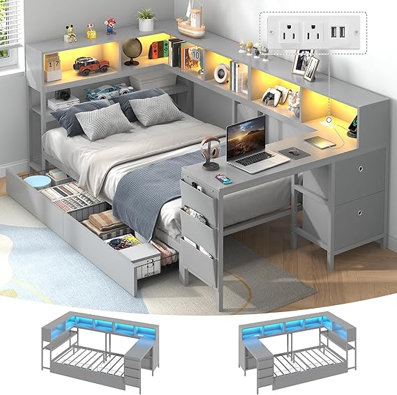 Twin Corner Bed with Desk & Storage