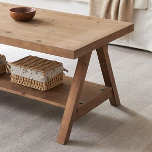 Rustic Farmhouse Coffee Table with 2-Tier Storage Shelf