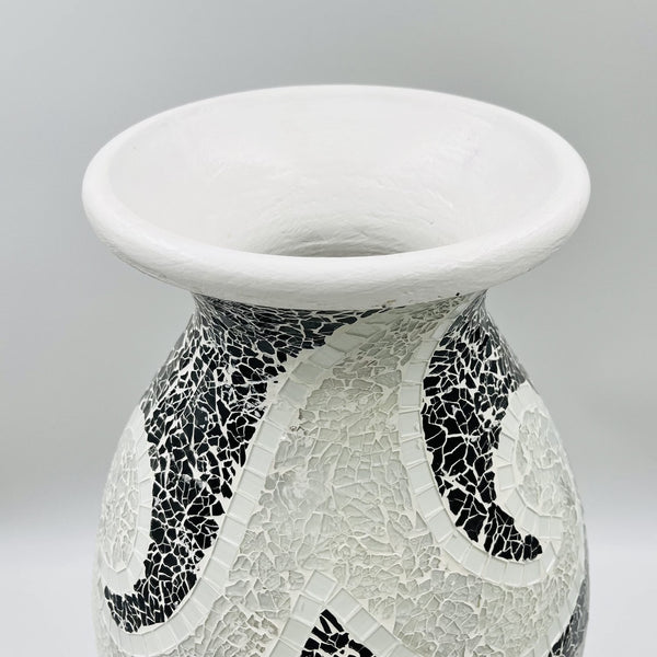 Tall Cylinder Terracotta Floor Vase – Black & White Mosaic