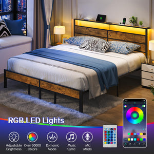 King Size Bed Frame with Charging Station & LED Lights